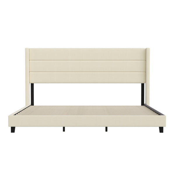 English Elm Hollis Full Upholstered Platform Bed with Wingback Headboard for Stylish, Comfortable Sleep Space Beige In Stock. Usually ships in 24 - 48 business hours YK-1078-BEIGE-K-GG