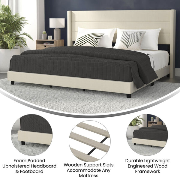 English Elm Hollis Full Upholstered Platform Bed with Wingback Headboard for Stylish, Comfortable Sleep Space Beige In Stock. Usually ships in 24 - 48 business hours YK-1078-BEIGE-K-GG