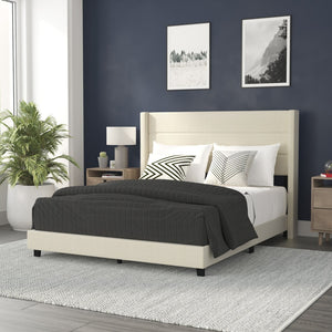 English Elm Hollis Full Upholstered Platform Bed with Wingback Headboard for Stylish, Comfortable Sleep Space Beige In Stock. Usually ships in 24 - 48 business hours YK-1078-BEIGE-Q-GG