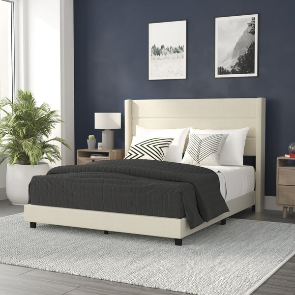 English Elm Hollis Full Upholstered Platform Bed with Wingback Headboard for Stylish, Comfortable Sleep Space Beige In Stock. Usually ships in 24 - 48 business hours YK-1078-BEIGE-Q-GG