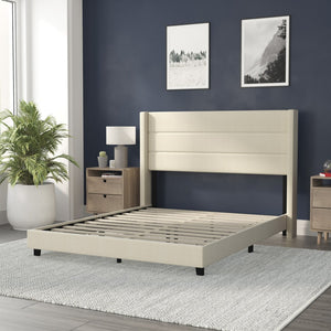 English Elm Hollis Full Upholstered Platform Bed with Wingback Headboard for Stylish, Comfortable Sleep Space Beige In Stock. Usually ships in 24 - 48 business hours YK-1078-BEIGE-Q-GG