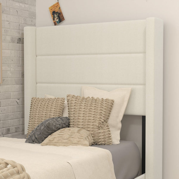 English Elm Hollis Full Upholstered Platform Bed with Wingback Headboard for Stylish, Comfortable Sleep Space Beige In Stock. Usually ships in 24 - 48 business hours YK-1078-BEIGE-T-GG