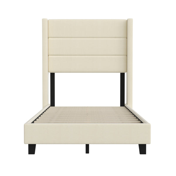 English Elm Hollis Full Upholstered Platform Bed with Wingback Headboard for Stylish, Comfortable Sleep Space Beige In Stock. Usually ships in 24 - 48 business hours YK-1078-BEIGE-T-GG