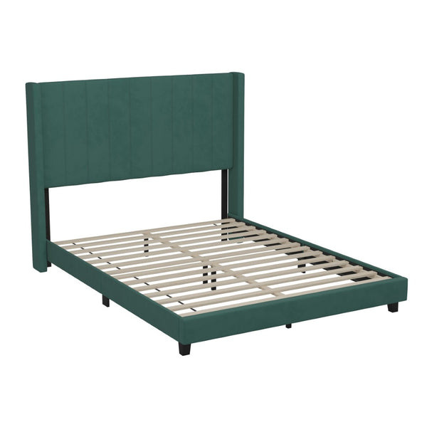 English Elm Bianca Queen Upholstered Platform Bed with Vertical Stitched Headboard and Convenient Storage Solutions Emerald Velvet YK-1079-GR-Q-GG