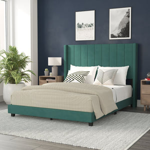English Elm Bianca Queen Upholstered Platform Bed with Vertical Stitched Headboard and Convenient Storage Solutions Emerald Velvet YK-1079-GR-Q-GG