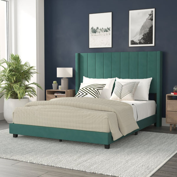 English Elm Bianca Queen Upholstered Platform Bed with Vertical Stitched Headboard and Convenient Storage Solutions Emerald Velvet YK-1079-GR-Q-GG