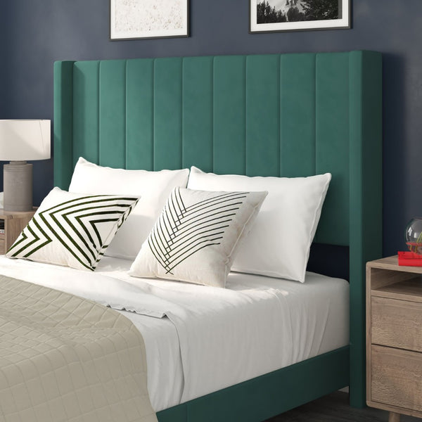 English Elm Bianca Queen Upholstered Platform Bed with Vertical Stitched Headboard and Convenient Storage Solutions Emerald Velvet YK-1079-GR-Q-GG