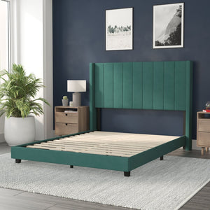 English Elm Bianca Queen Upholstered Platform Bed with Vertical Stitched Headboard and Convenient Storage Solutions Emerald Velvet YK-1079-GR-Q-GG