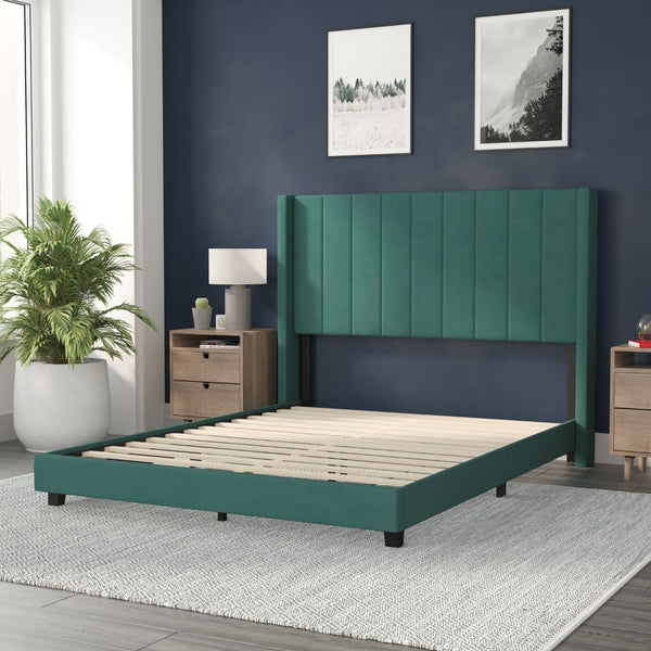English Elm Bianca Queen Upholstered Platform Bed with Vertical Stitched Headboard and Convenient Storage Solutions Emerald Velvet YK-1079-GR-Q-GG