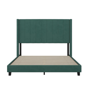 English Elm Bianca Queen Upholstered Platform Bed with Vertical Stitched Headboard and Convenient Storage Solutions Emerald Velvet YK-1079-GR-Q-GG