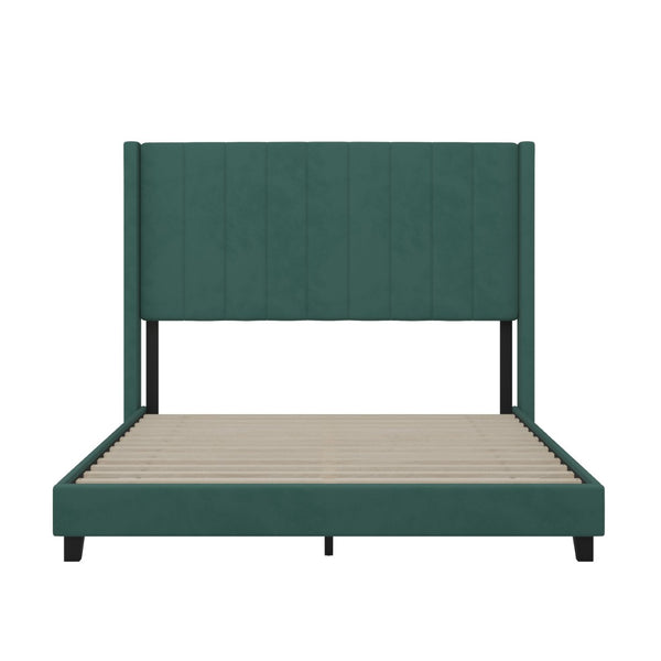 English Elm Bianca Queen Upholstered Platform Bed with Vertical Stitched Headboard and Convenient Storage Solutions Emerald Velvet YK-1079-GR-Q-GG