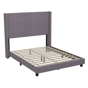 English Elm Bianca Queen Upholstered Platform Bed with Vertical Stitched Headboard and Convenient Storage Solutions Gray Velvet YK-1079-GY-F-GG