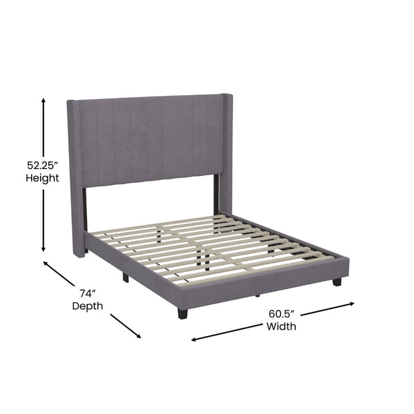English Elm Bianca Queen Upholstered Platform Bed with Vertical Stitched Headboard and Convenient Storage Solutions Gray Velvet YK-1079-GY-F-GG