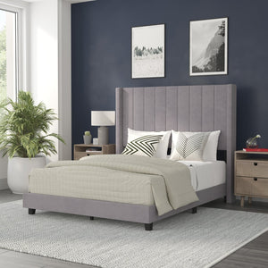 English Elm Bianca Queen Upholstered Platform Bed with Vertical Stitched Headboard and Convenient Storage Solutions Gray Velvet YK-1079-GY-F-GG
