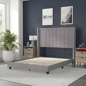English Elm Bianca Queen Upholstered Platform Bed with Vertical Stitched Headboard and Convenient Storage Solutions Gray Velvet YK-1079-GY-F-GG