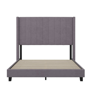 English Elm Bianca Queen Upholstered Platform Bed with Vertical Stitched Headboard and Convenient Storage Solutions Gray Velvet YK-1079-GY-F-GG