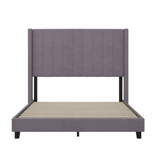 English Elm Bianca Queen Upholstered Platform Bed with Vertical Stitched Headboard and Convenient Storage Solutions Gray Velvet YK-1079-GY-F-GG