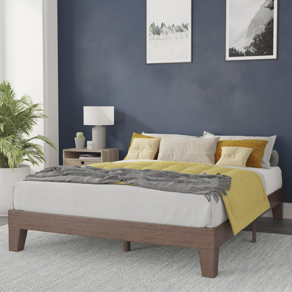 English Elm Evelyn Mid-Century Modern Wood Platform Bed with Sturdy Slats - Easy Assembly & Floor Protection Walnut Queen YKC-1090-Q-WAL-GG