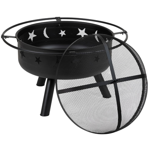 English Elm Chelton 29" Round Wood Burning Firepit with Starry Cutouts, Mesh Screen & Durable Design for Cozy Nights YL-32D-GG