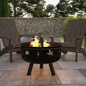 English Elm Chelton 29" Round Wood Burning Firepit with Starry Cutouts, Mesh Screen & Durable Design for Cozy Nights YL-32D-GG