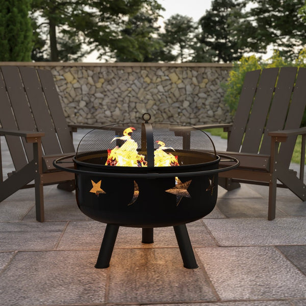 English Elm Chelton 29" Round Wood Burning Firepit with Starry Cutouts, Mesh Screen & Durable Design for Cozy Nights YL-32D-GG