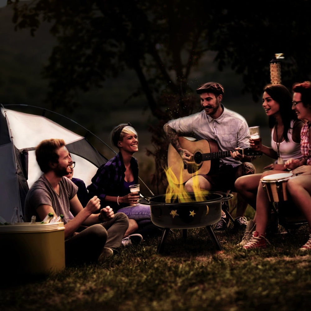 English Elm Chelton 29" Round Wood Burning Firepit with Starry Cutouts, Mesh Screen & Durable Design for Cozy Nights YL-32D-GG