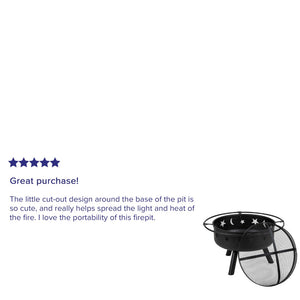 English Elm Chelton 29" Round Wood Burning Firepit with Starry Cutouts, Mesh Screen & Durable Design for Cozy Nights YL-32D-GG