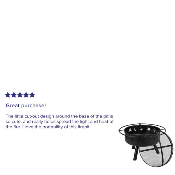 English Elm Chelton 29" Round Wood Burning Firepit with Starry Cutouts, Mesh Screen & Durable Design for Cozy Nights YL-32D-GG