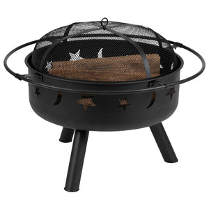 English Elm Chelton 29" Round Wood Burning Firepit with Starry Cutouts, Mesh Screen & Durable Design for Cozy Nights YL-32D-GG