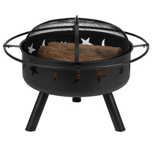 English Elm Chelton 29" Round Wood Burning Firepit with Starry Cutouts, Mesh Screen & Durable Design for Cozy Nights YL-32D-GG