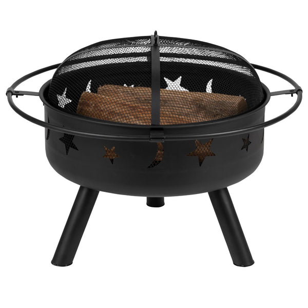 English Elm Chelton 29" Round Wood Burning Firepit with Starry Cutouts, Mesh Screen & Durable Design for Cozy Nights YL-32D-GG