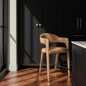 Moe's Home Martens Stylish Bar Stool With Open Barrel Back, Padded Seat, And Performance Fabric Upholstery Brown Top Grain Leather,Metal Frame Ym-1010-03