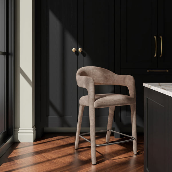 Moe's Home Martens Stylish Bar Stool With Open Barrel Back, Padded Seat, And Performance Fabric Upholstery Brown Upholstery, 100% Polyester,Metal Frame Ym-1010-21