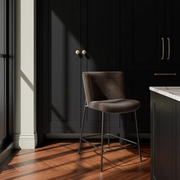 Moe's Home Early Elegant Bar Stool With Performance Fabric Upholstery And Slim Blackened Bronze Metal Frame Brown Upholstery, 100% Polyester,Metal Frame Ym-1013-20