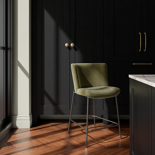 Moe's Home Early Elegant Bar Stool With Performance Fabric Upholstery And Slim Blackened Bronze Metal Frame Green Upholstery, 100% Polyester,Metal Frame Ym-1013-27