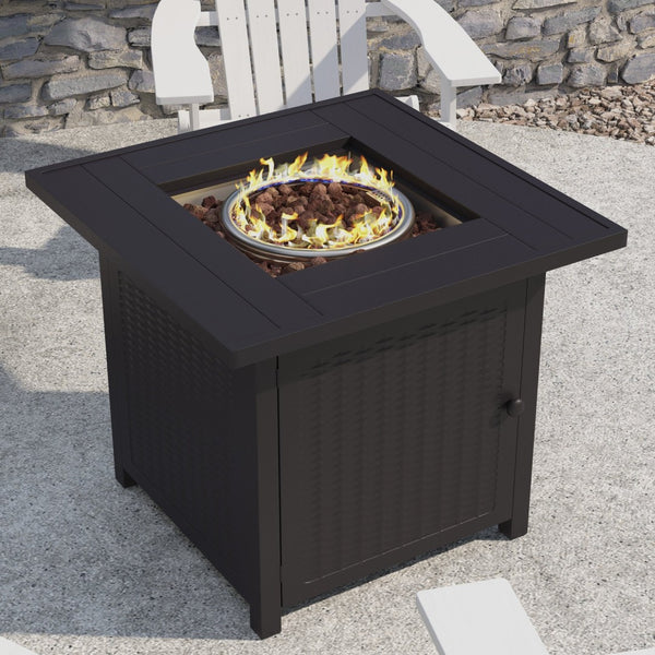English Elm Olympia 28" Square 50,000 BTU Outdoor Fire Pit Table - Stainless Steel Top, Wicker Base & Lid Included YO-GYM80015-BK-GG
