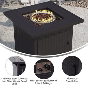 English Elm Olympia 28" Square 50,000 BTU Outdoor Fire Pit Table - Stainless Steel Top, Wicker Base & Lid Included YO-GYM80015-BK-GG