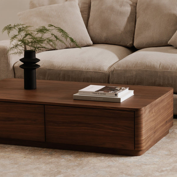 Moe's Home Round Off Coffee Table - Captivating Wood Grain Design With Generous Storage And Minimalist Elegance Brown Walnut Veneer Over Mdf,Rubber Wood Base Yr-1007-03
