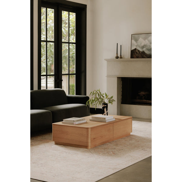 Moe's Home Round Off Coffee Table - Captivating Wood Grain Design With Generous Storage And Minimalist Elegance Natural Oak Veener Over Mdf,Rubber Wood Base Yr-1007-24