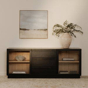 Moe's Home Charlotte Sideboard: Elegant Two-tone Design With Glass Doors And Ample Storage For Modern Homes Multicolor Solid Ash Door Frame,Drawer Handle,Ash Veneer Over Mdf Body,Oak Veneer Shelf And Inner Drawer Yr-1019-37