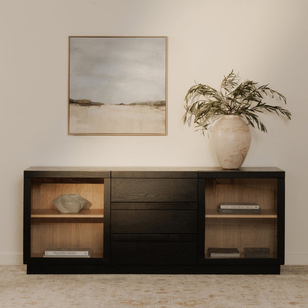 Moe's Home Charlotte Sideboard: Elegant Two-tone Design With Glass Doors And Ample Storage For Modern Homes Multicolor Solid Ash Door Frame,Drawer Handle,Ash Veneer Over Mdf Body,Oak Veneer Shelf And Inner Drawer Yr-1019-37