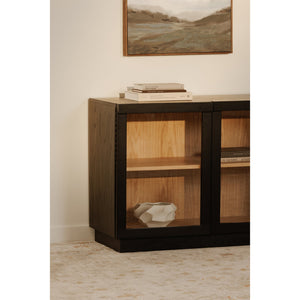 Moe's Home Charlotte Tall Cabinet - Elegant Two-tone Design With Tempered Glass Doors And Ample Storage Options Multicolor Solid Ash Door Frame,Drawer Handle,Ash Veneer Over Mdf Body,Oak Veneer Shelf And Inner Drawer Yr-1020-37