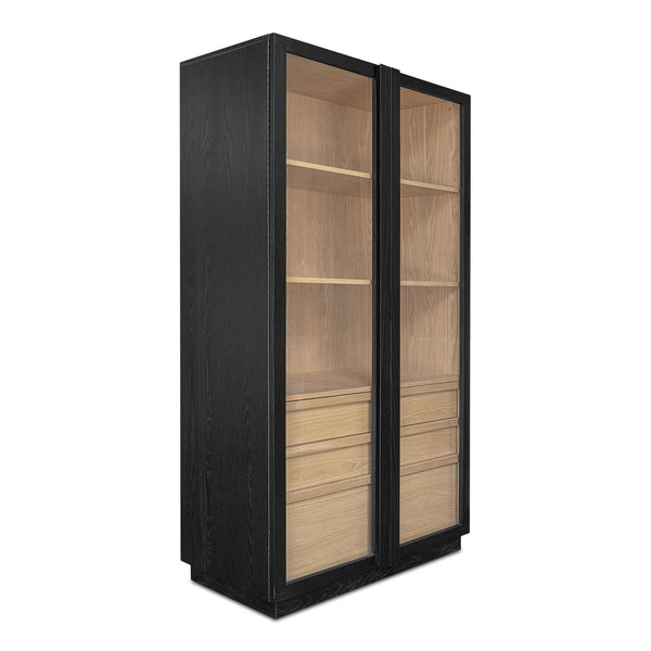 Moe's Home Charlotte Tall Cabinet - Elegant Two-tone Design With Tempered Glass Doors And Ample Storage Options Multicolor Solid Ash Door Frame,Drawer Handle,Ash Veneer Over Mdf Body,Oak Veneer Shelf And Inner Drawer Yr-1021-37