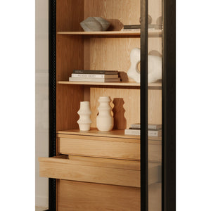 Moe's Home Charlotte Tall Cabinet - Elegant Two-tone Design With Tempered Glass Doors And Ample Storage Options Multicolor Solid Ash Door Frame,Drawer Handle,Ash Veneer Over Mdf Body,Oak Veneer Shelf And Inner Drawer Yr-1021-37