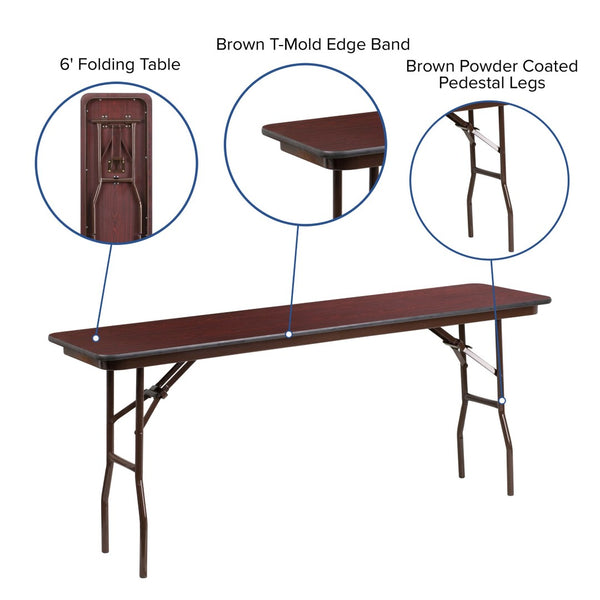 English Elm Frankie 6-Foot Folding Training Table - Durable Mahogany Melamine Finish for Versatile Use & Storage YT-1872-MEL-WAL-GG