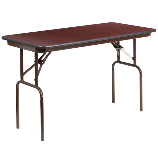 English Elm Frankie 4-Foot Folding Banquet Table with Mahogany Laminate Top - Durable, Lightweight, Versatile Design YT-2448-MEL-WAL-GG