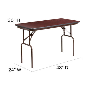 English Elm Frankie 4-Foot Folding Banquet Table with Mahogany Laminate Top - Durable, Lightweight, Versatile Design YT-2448-MEL-WAL-GG