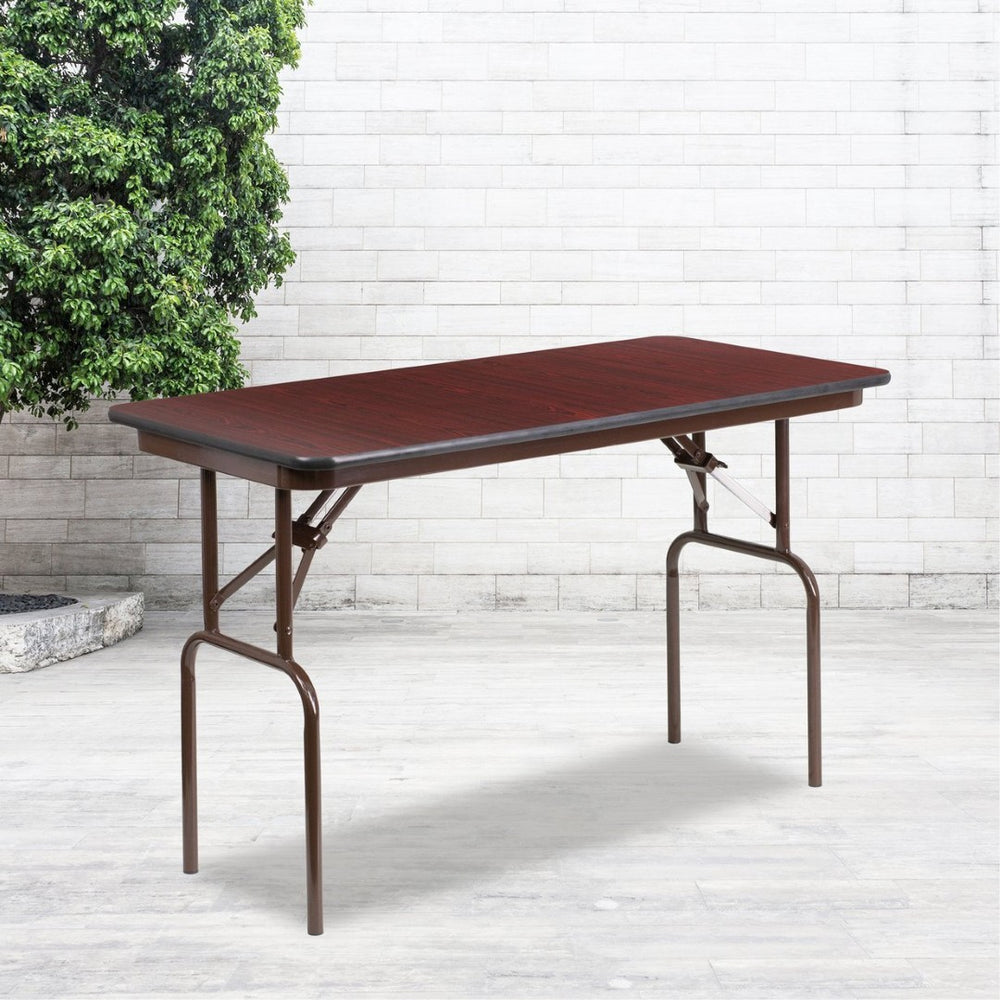 English Elm Frankie 4-Foot Folding Banquet Table with Mahogany Laminate Top - Durable, Lightweight, Versatile Design YT-2448-MEL-WAL-GG
