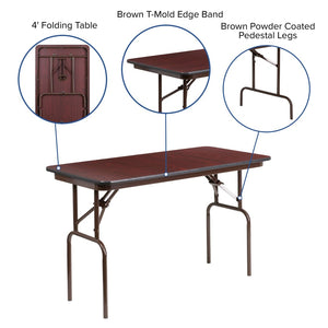 English Elm Frankie 4-Foot Folding Banquet Table with Mahogany Laminate Top - Durable, Lightweight, Versatile Design YT-2448-MEL-WAL-GG