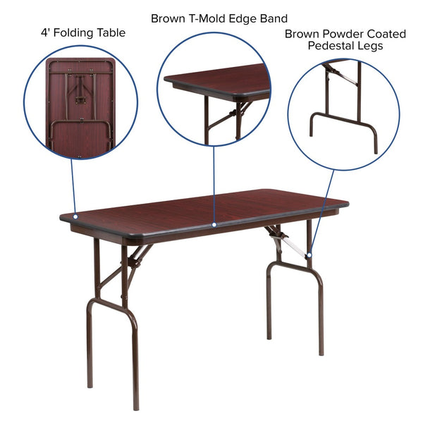 English Elm Frankie 4-Foot Folding Banquet Table with Mahogany Laminate Top - Durable, Lightweight, Versatile Design YT-2448-MEL-WAL-GG